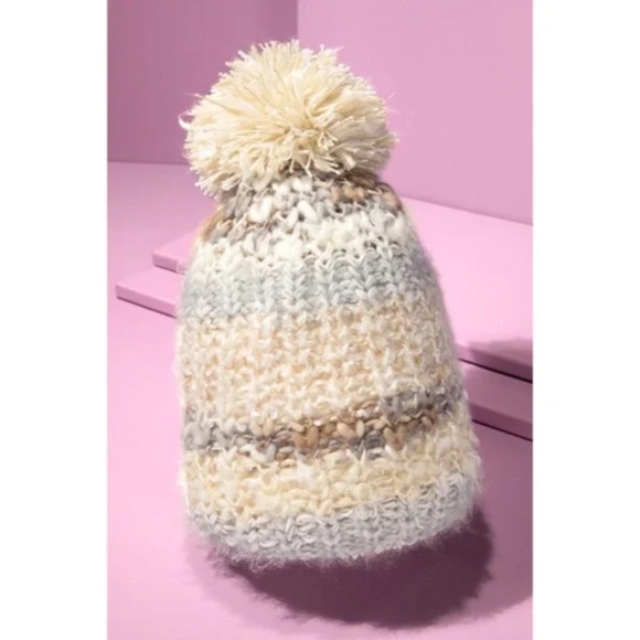 Ivory Cozy Knitted Striped Pompom Winter Knit Beanie Women's Hat - Picture 3 of 4